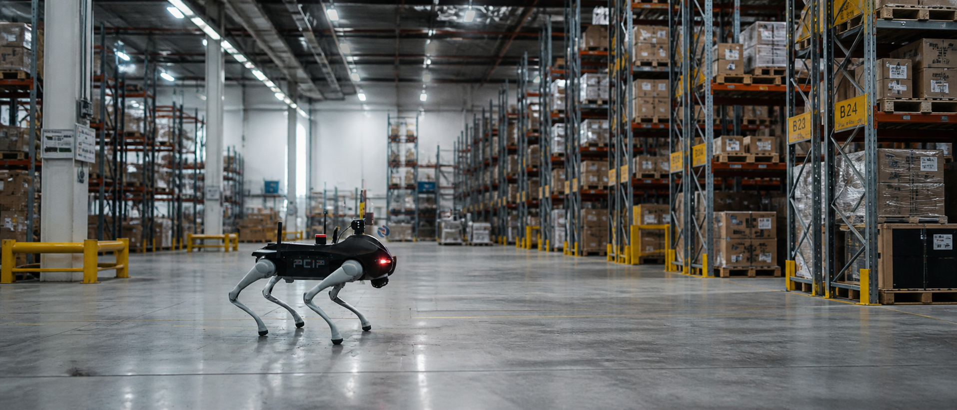 Robot de surveillance EKTO-1 dans un entrepôt logistique